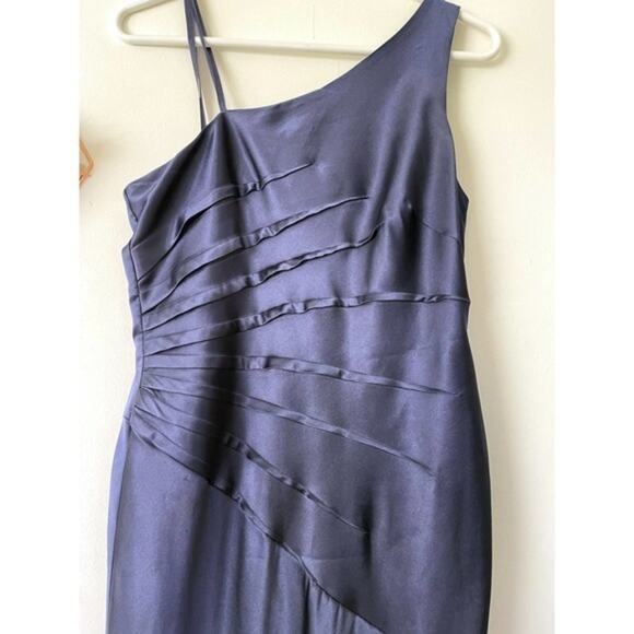 Adrianna Papell Collection Navy Blue Satin Pleated One Shoulder Formal Gown - Picture 2 of 4